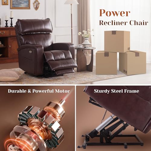 Power Lift Recliner Chair with Adjustable Headrest for Elderly, Electric Recliners with Heat & Massage, USB & Type C Ports, Reclining Single Sofa Chair, Leather