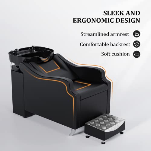 Shampoo Backwash Unit with Large Porcelain Bowl, Salon Sink Hair Wash Chair Shampoo Station, Barbershop Beauty Spa Massage Hairdressing Equipment