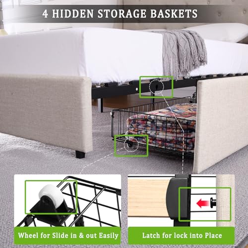 Full Size Bed Frame with Charging Station,Upholstered Platform Bed with Button Tufted Storage Headboard Wingback and 4 Storage Drawers,No Need for a Box Spring, Wood Slat Support, Easy to Assemble