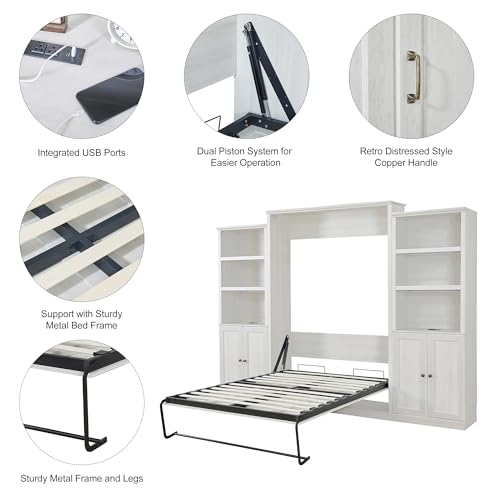Murphy Bed,Cabinet Bed Folding Wall Bed,Queen Size Murphy Wall Bed with 1 Side Cabinet Storage Shelf,Cabinet Space-Saving Bed Perfect for Guest Room,Bed Room,Guest Room,Home Office (Rustic White-03)
