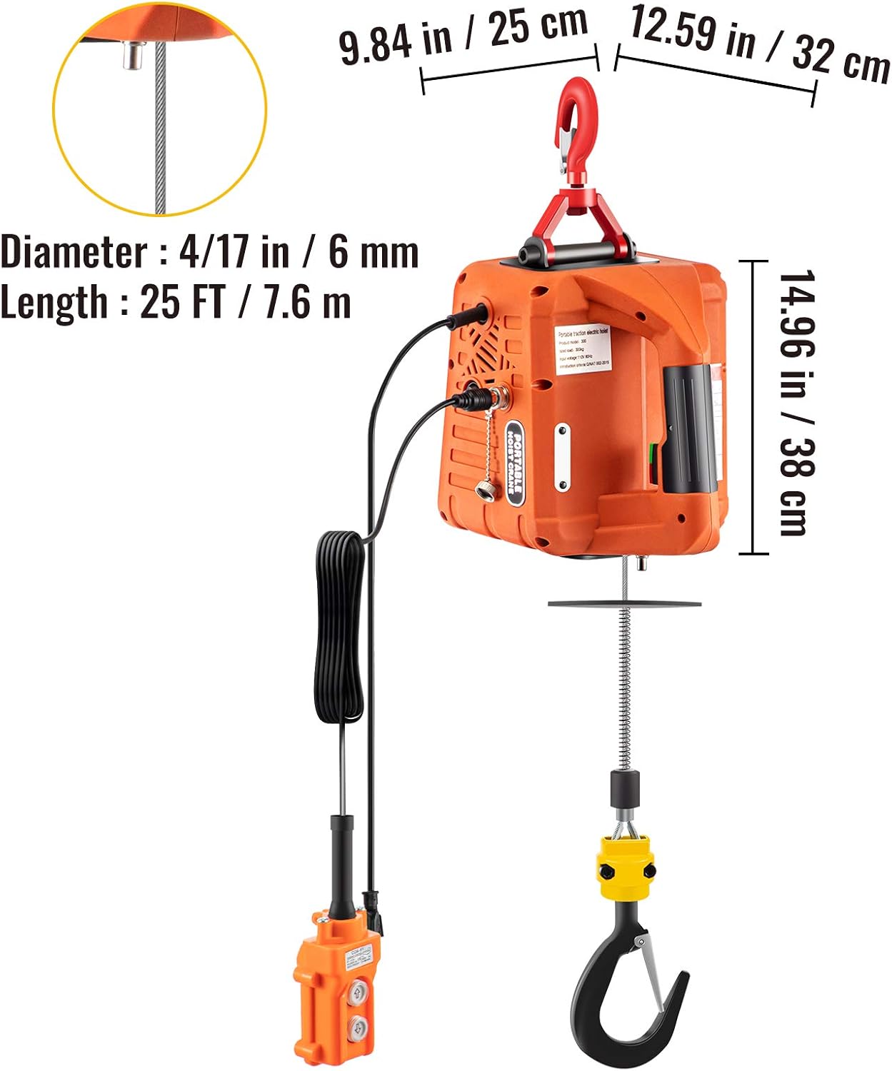 VEVOR Hoist, 1100lbs Portable Electric, 1500W 110V Power Winch Crane, 25ft Height, w/Wire Remote Control and Overload Protection for Garages Warehouse Lifting Towing, Orange