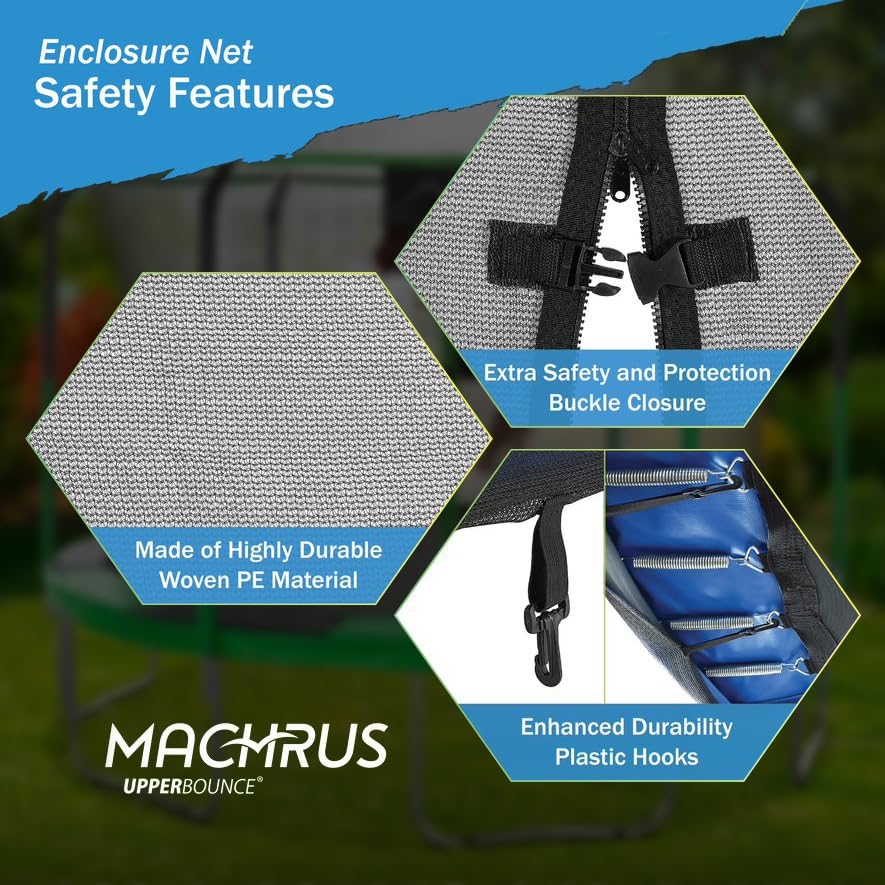 Machrus Upper Bounce Trampoline Safety Enclosure Set for 7.5 FT 10FT 12FT 13FT 14FT 15FT Frames - includes Net, Poles & Hardware - Installs Outside Frame