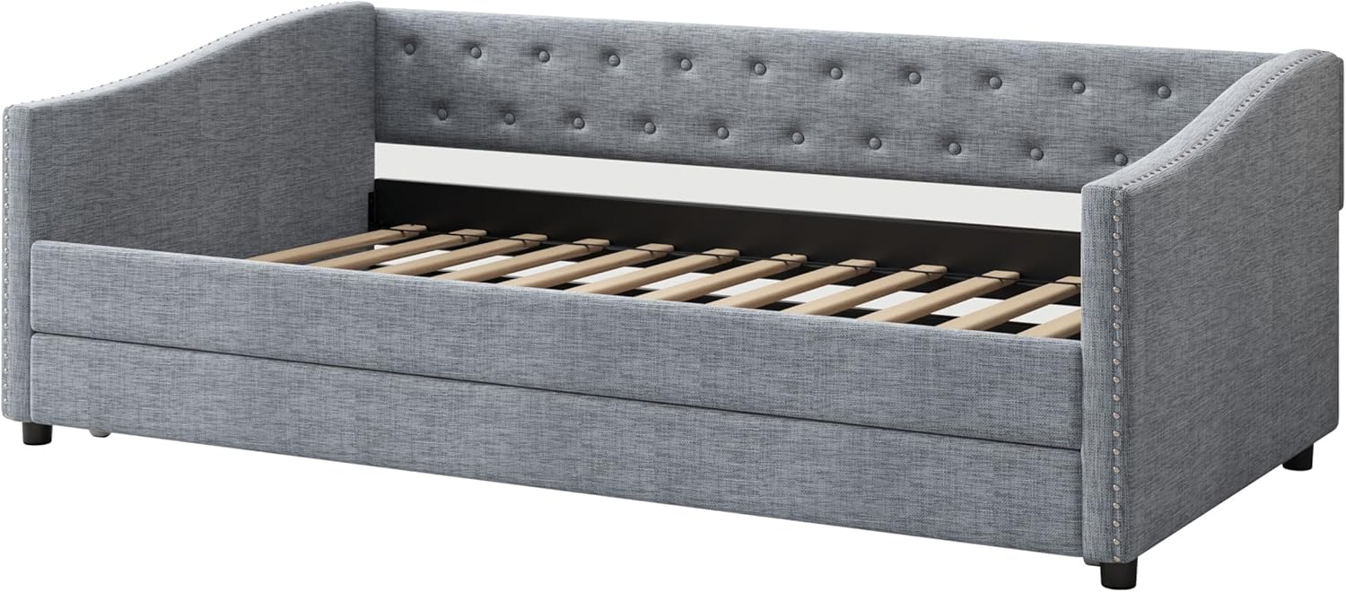Twin Size Daybed with Twin Size Trundle Upholstered Tufted Sofa Bed, with Button on Back and Copper Nail on Waved Shape Arms, Light Grey