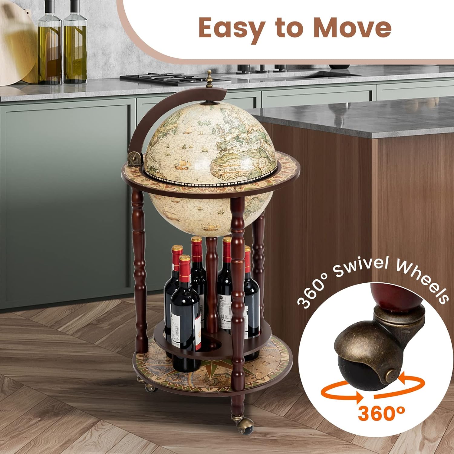 Globe Bar, Wood Globe Wine Bar Stand, 16th Century Italian Rack Liquor Bottle Shelf, Replica Globe Bar Liquor Cabinet w/Wheels, Globe Bar Cart for Wine Spirits Beverage Stemware(Creamy White)