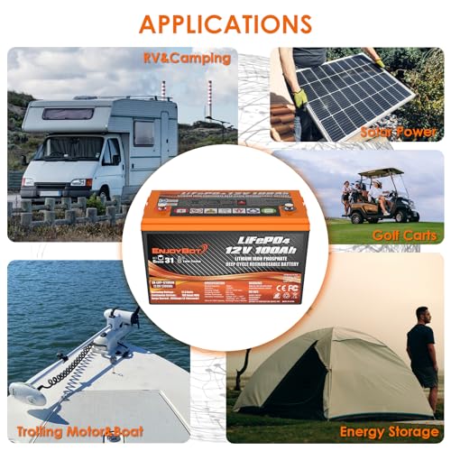 Enjoybot 12V 100Ah LiFePO4 Lithium Battery, BCI Group 31 Lithium Battery with 100A BMS, Low Temp Cut Off Deep Cycle Battery Perfect for Golf Cart, RV, Solar, Trolling Motor, Home Energy Storage