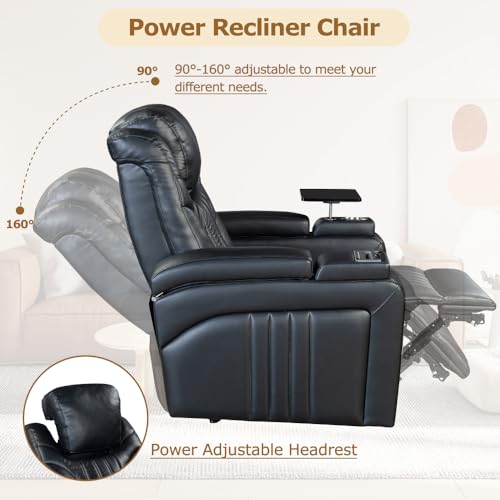 PU Leather Power Recliner Home Theater Recliner with Power Adjustable Headrest, Wireless Charging Device, USB Port, Storage Arms, Cup Holder and Swivel Tray Table for Living Room (Brown)