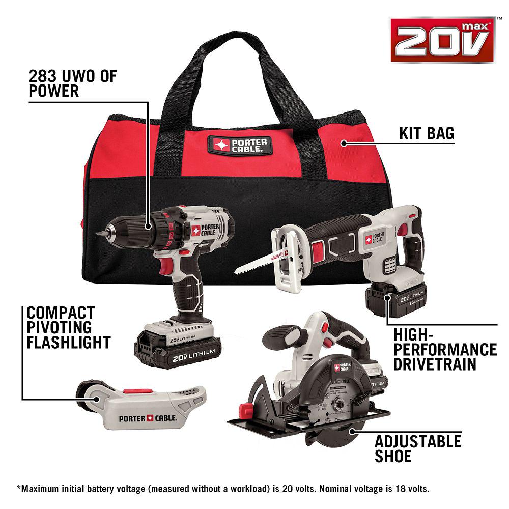 PORTER-CABLE PCCK616L4 20V Drill/Driver and Saw Combo Kit, 4 pc.
