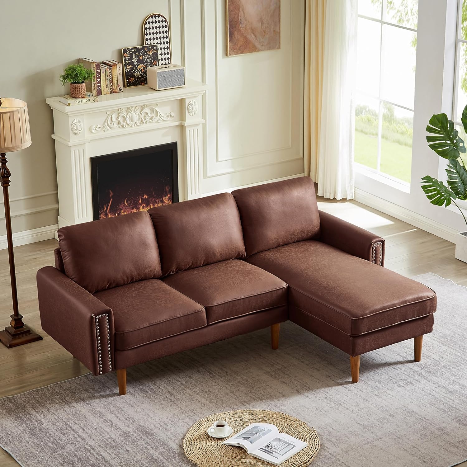 82.2" Mid Century Suede Leather Sofa with Right Chaise Lounge, 3 Seater Modern L-Shaped Couch w/Nail Armrests and Comfy Cushions, Deep Seat Corner Sectional for Living Room Bedroom Apartment