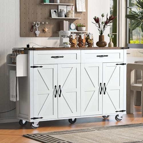 54.5" Farmhouse Kitchen Island with Drop Leaf,Storage Cabinet Island on Wheel,Rolling Home Cart Breakfast Bar Table with Power Outlet, 3 Drawer, Spice Rack