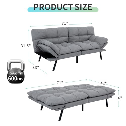 MUUEGM Memory Foam Futon Sofa Bed, Futon with Adjustable Backrests Armrests and Convertible, Modern Design Futon Couch for Living Room, Apartment, Office, Small Room, 71" Daybed Brown