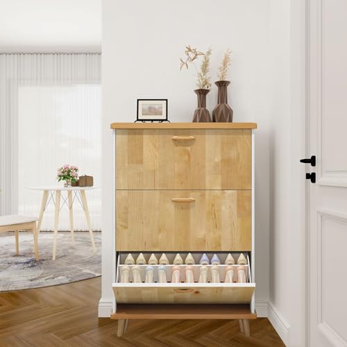 3 Drawer Shoe Cabinet, Artistic Shoe Cabinet, Maple Wood Butcher Block Wood Shoe Rack Organizer for Entryway Slim (31.5”W x 9.45”D 46”H)