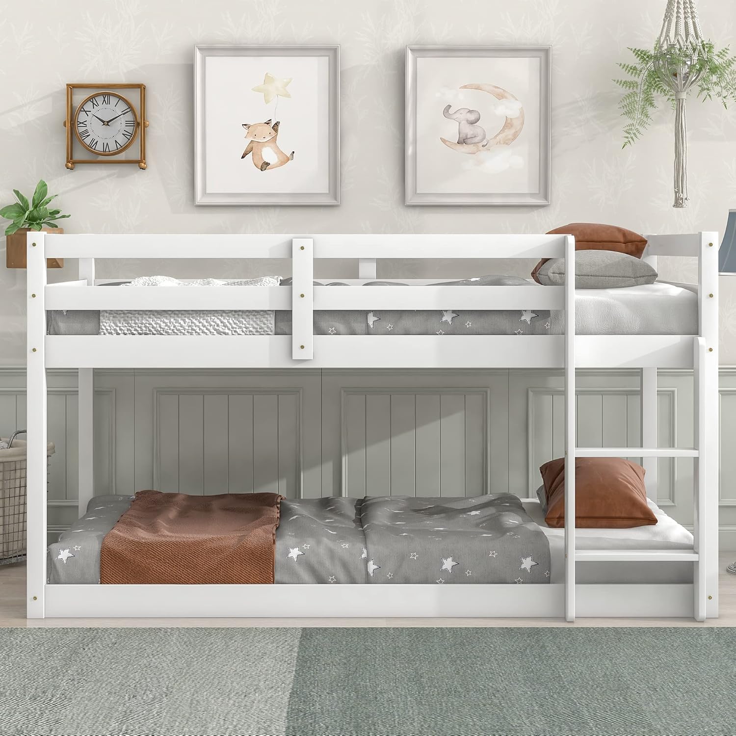 Twin Over Twin Loft Bed Wooden Bed Frame with Safety Guardrail and Ladder, for Kids Teens Boys Girls, White