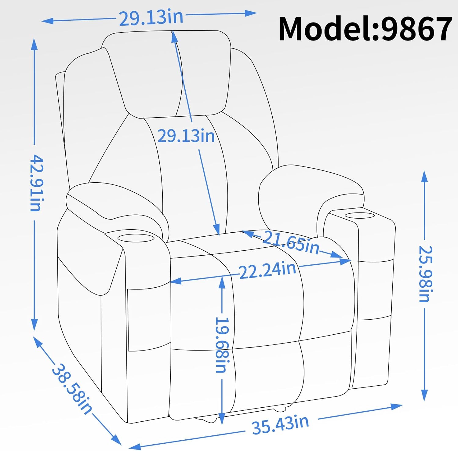 Chenille Power Lift Recliner Chair,Heavy Duty Motion Mechanism with 8-Point Vibration/3 Modes Massage/Lumbar Heating/USB/Type-C Ports/Stainless Steel Cup Holders,for Elderly,Blue, 35.43" D