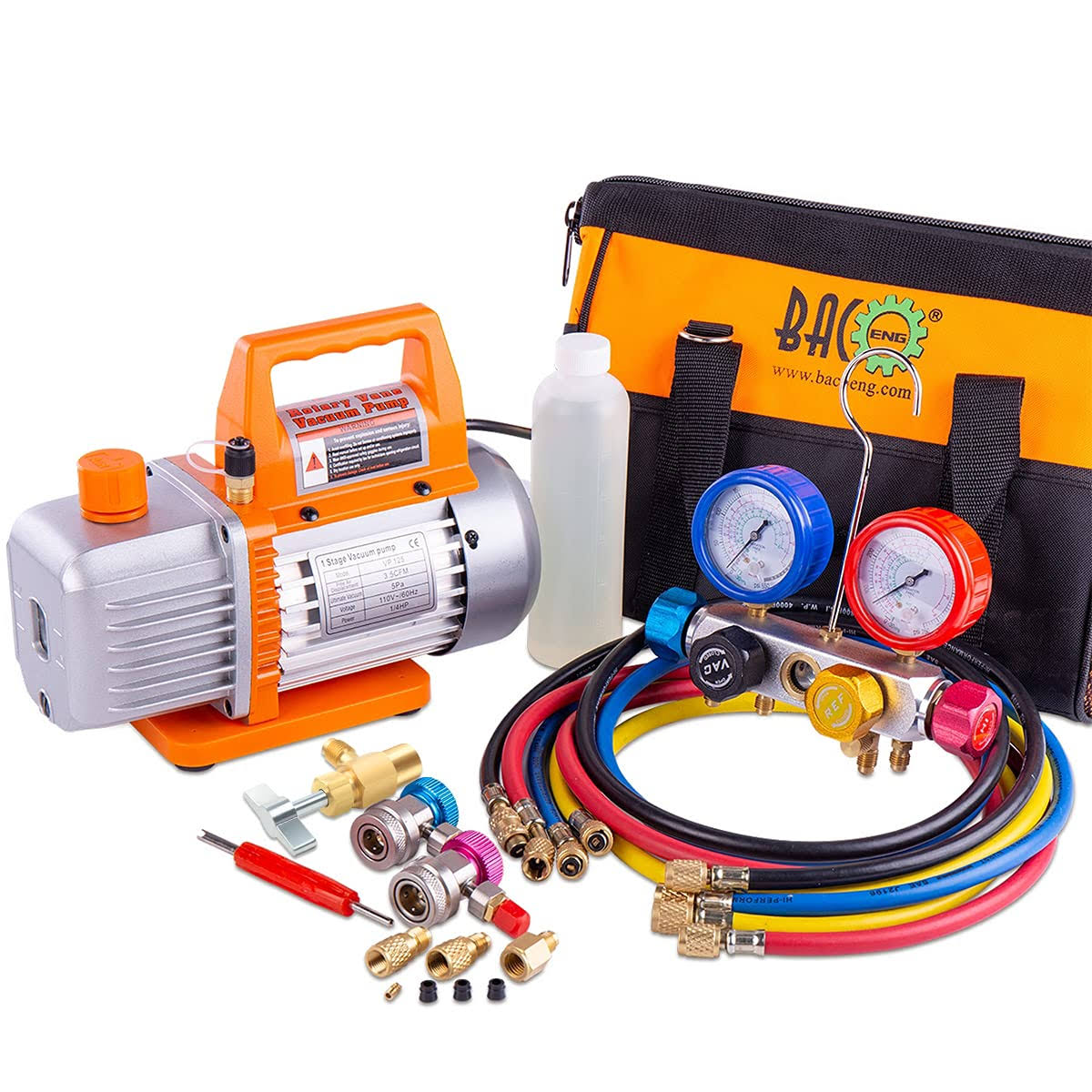 BACOENG Professional Vacuum Pump u0026 Manifold Gauge Set - HVAC A/C Refrigeration Kit - Diagnostic R12 R22 R134A R410A - w/Case
