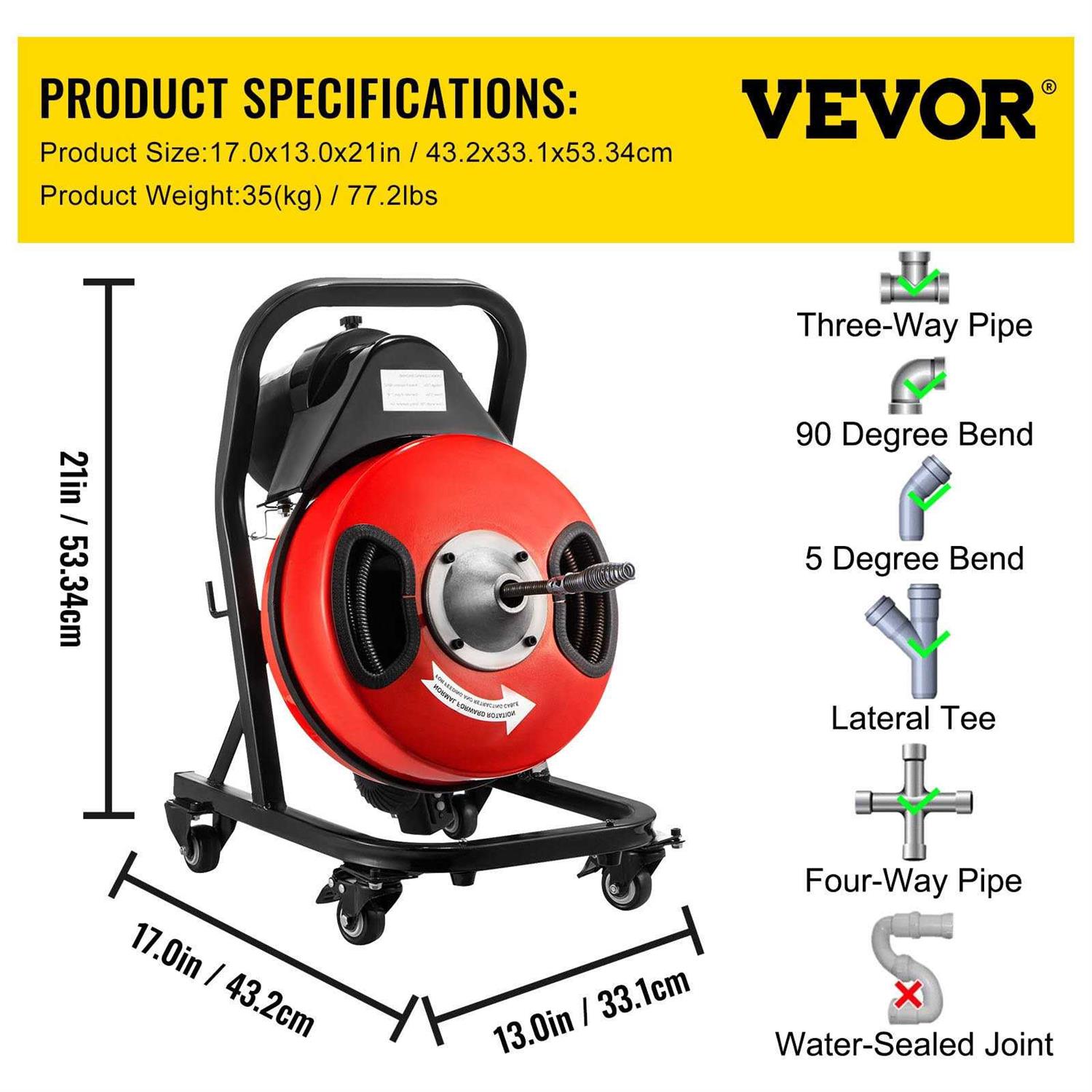 VEVOR Drain Cleaner Machine Electric Drain Auger 50FTx1/2In - Shop Hardware Tools Online Store