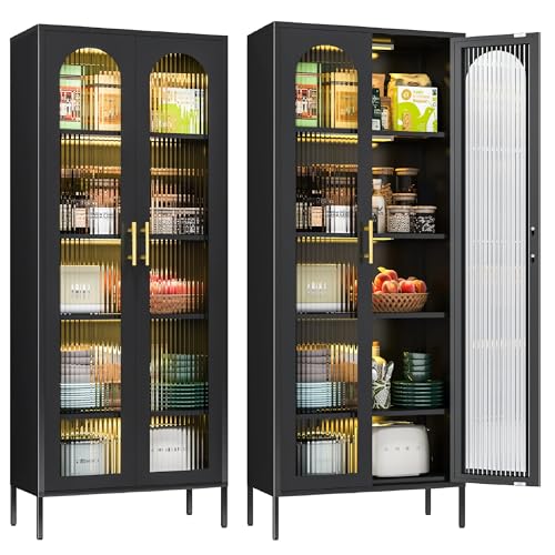 71” Tall Curio Cabinet, Display Cabinet with Glass Doors and Lights, Metal Kitchen Pantry Cabinet, Hutch Cabinet with Adjustable Shelves, China Cabinet for Dining Room, Living Room, Black