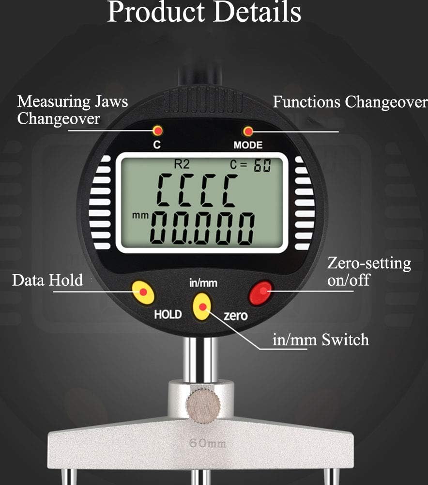 CGOLDENWALL High accuracy digital radius gauge digital radius indicator Measurement Tool with 10mm /20mm /30mm /60mm/100mm changeable measuring jaw Black
