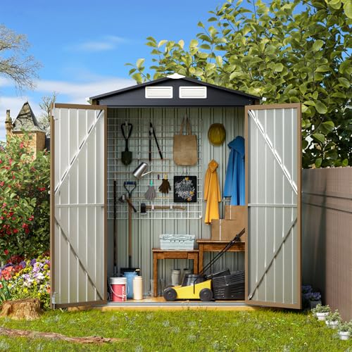 10X12X7.5 FT Outdoor Steel Storage Shed with Lockable Doors, 2 Windows, Transparent Roof Panels (Wood Panels & Frame Floor Not Included), Ideal for Patio Storage,Garbage Can, Chicken Coop，Brown