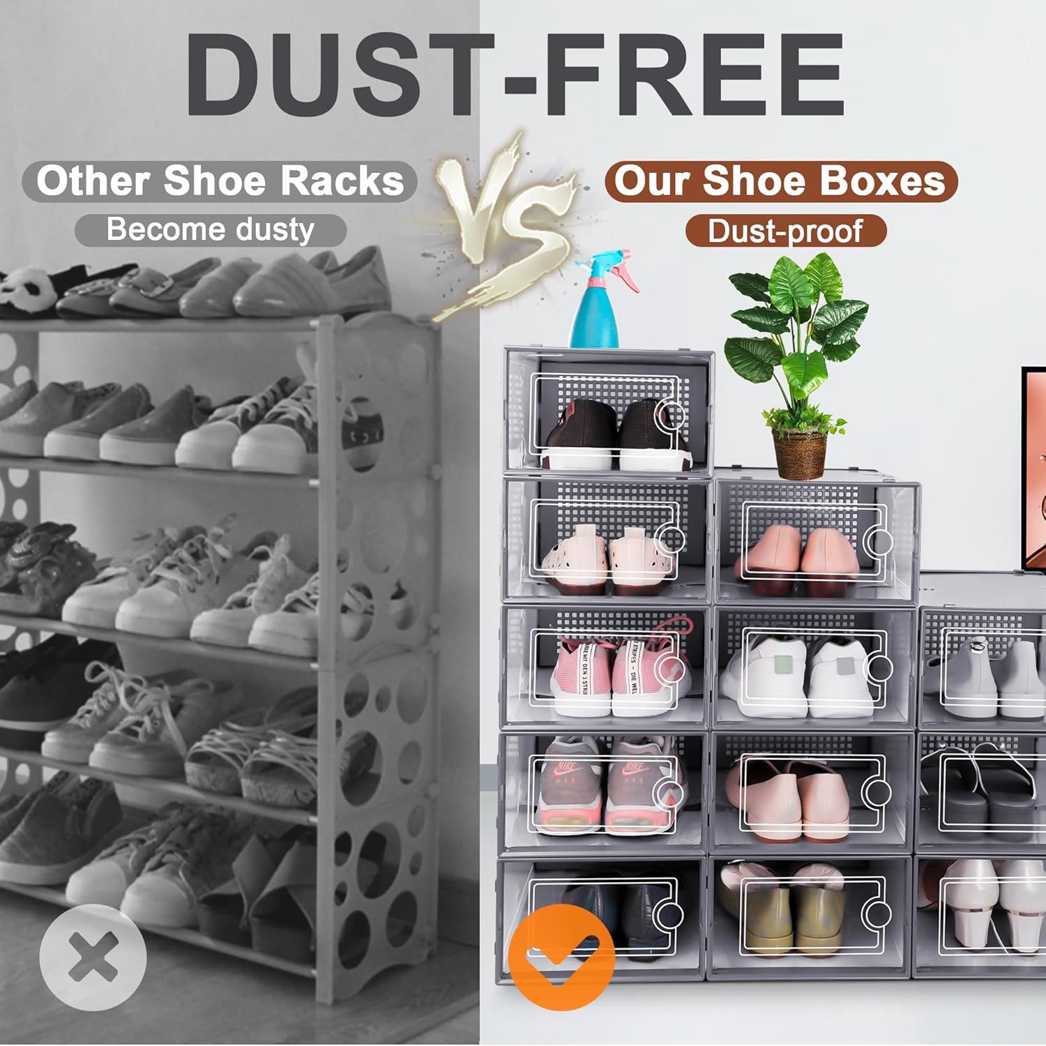 Large Shoe Organizers Storage Boxes for Closet, 12 Pack Clear Plastic Stackable Storage Bins with Lids, Under Bed Shoe Containers for Entryway, Drop Front, Fit up to Women's Size 10,Dark Gray