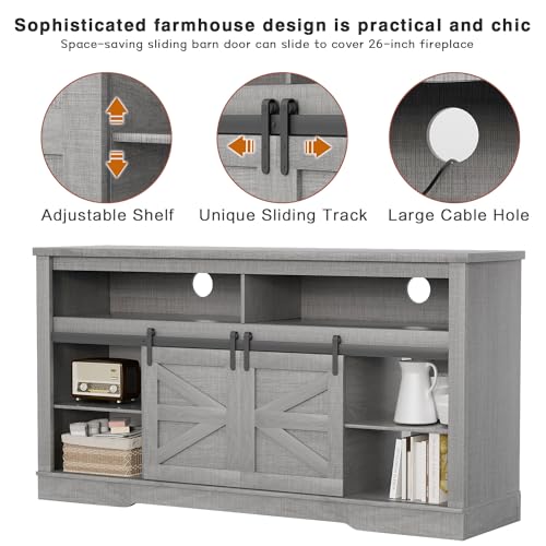 YESHOMY Farmhouse TV Stand for Televisions up to 65 Inches, Sliding Barn Doors and Storage Cabinets, Console Table and Media Furniture for Living Room, 58 Inch, Milk White