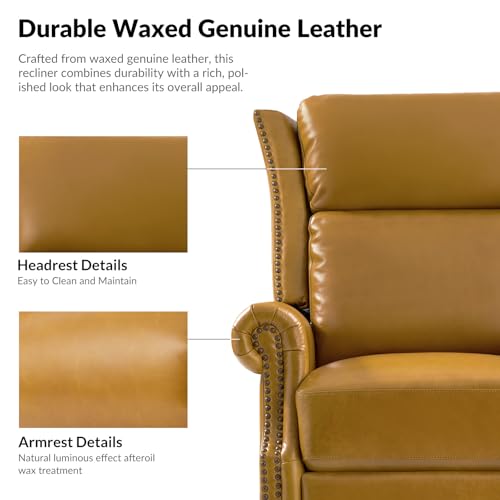 HULALA HOME Genuine Leather Swivel Rocker Recliner, Manual Glider Recliner Chair with Footrest and Lumbar Support, Pushback Recliner with Nailhead Trim and Metal Base(Saddle)