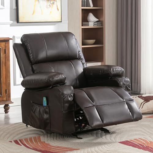 Leather Rocker Recliner Chair - Heated Recliner Chair with Massage Manual Recliner Chair Small Recliner Chairs for Adults Rocking Chair with Footrest Rocking Recliner Chair for Nursery (Brown)