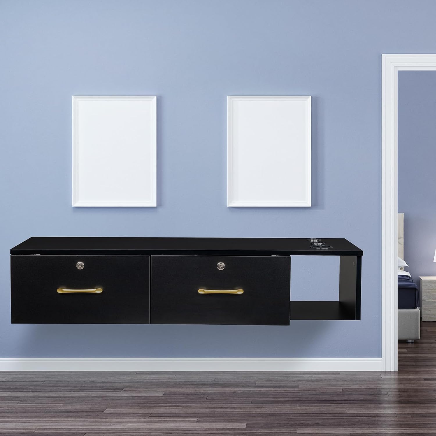 Black Wall Mount Station with Drawers Storage Beauty Salon Spa Equipment, Salon Cabinet Storage for Barbershop Beauty Spa Salon, Barber Table Salon Station Wood Beauty Salon Spa Storage Cabinet Table