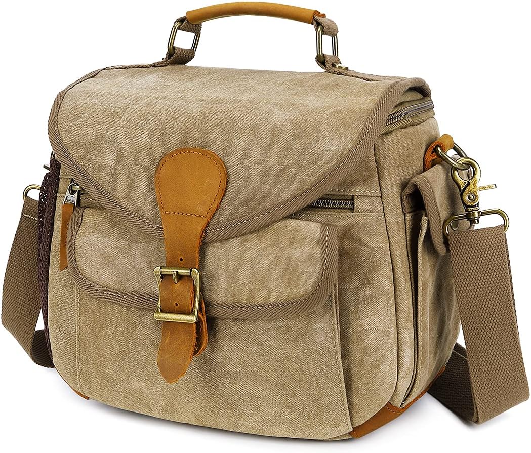 Camera Bag Camera Case Waterproof DSLR Camera Gadget Bag for Men and Women Camera Sling Bag Compact Camera Shoulder Crossbody Bag Case Waxed Canvas Crazy Horse Leather (Khaki)