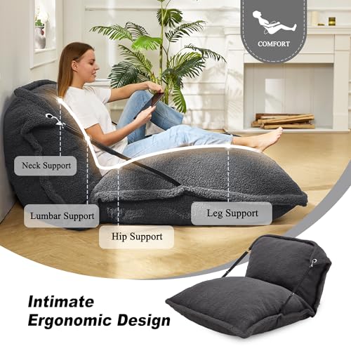 Homguava Giant Bean Bag Chair, Bean Bag Sofa with Adjustable Backrest, Bean Bag Bed with Filling and Detachable Sherpa Cover, Large Bean Bag Floor Sofa for Gaming Living Room Bedroom (Grey)