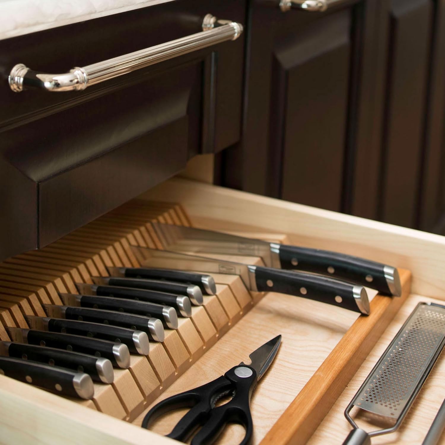 Rev-A-Shelf Dual Row Trim To Fit Knife Block Drawer Organizer with Storage Holder for Kitchen Utensils, 55 Slot Cutlery Tray, Wood, 4WDKB-1
