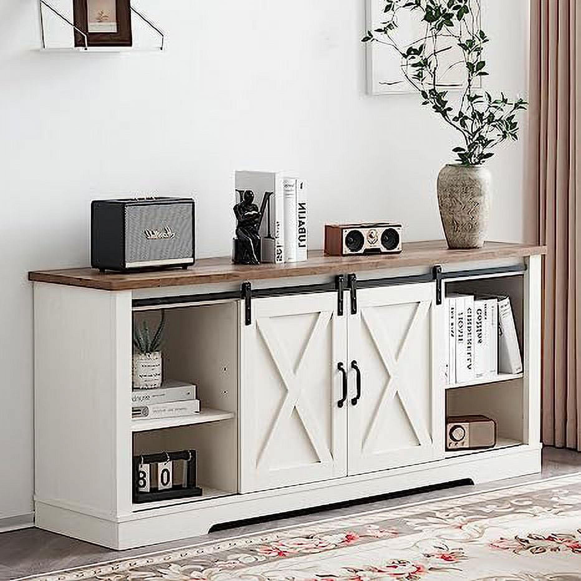 AMERLIFE Farmhouse TV Stand for 75 Inches TVs, 66" Entertainment Center with Siding Barn Door and Adjustable Shelf & Feet, Console Table with Storage, Distressed White & Rustic