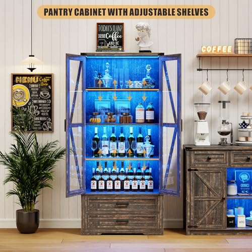 Farmhouse Storage Cabinet 68" Tall, Large Wood Kitchen Pantry Cabinet with Drawers & Shelves, LED Display Cabinet Bookcase for Living Room/Bedroom/Office, Antique White