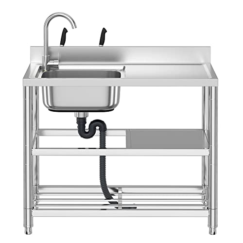 Stainless Steel Commercial Kitchen Sink, Free Standing, Single Bowl Sink Basin with Cold & Hot Water Faucet, Indoor and Outdoor Sink, 21.7 in