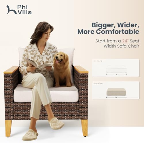 PHI VILLA 12 Seat Patio Furniture Set Outdoor Large 12 Pieces Wicker Conversation Sofa with Cushioned Ottoman for Garden Poolside, Beige