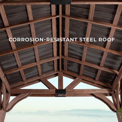 Backyard Discovery Norwood 16 ft. x 12 ft. Cedar Wood Gazebo,Thermal Insulated Steel Roof, Durable, Supports Snow Loads and Wind Speed, Rot Resistant, Backyard, Deck, Garden, Patio Light Brown