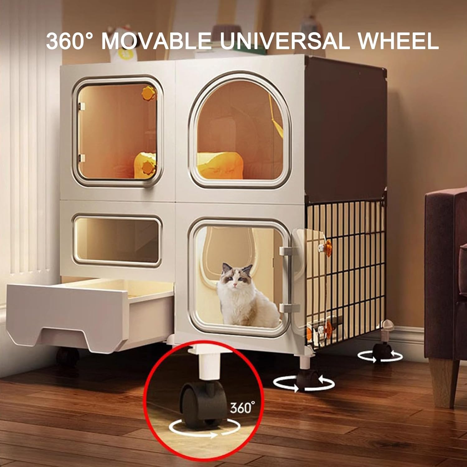 Cage for Cats Cat Cages Indoor with Litter Box, Cat Enclosure with Wheels, 2-Tier Large Cat Cage Indoor Enclosure with Transparent Windows and Knob Locks, Good Ventilation