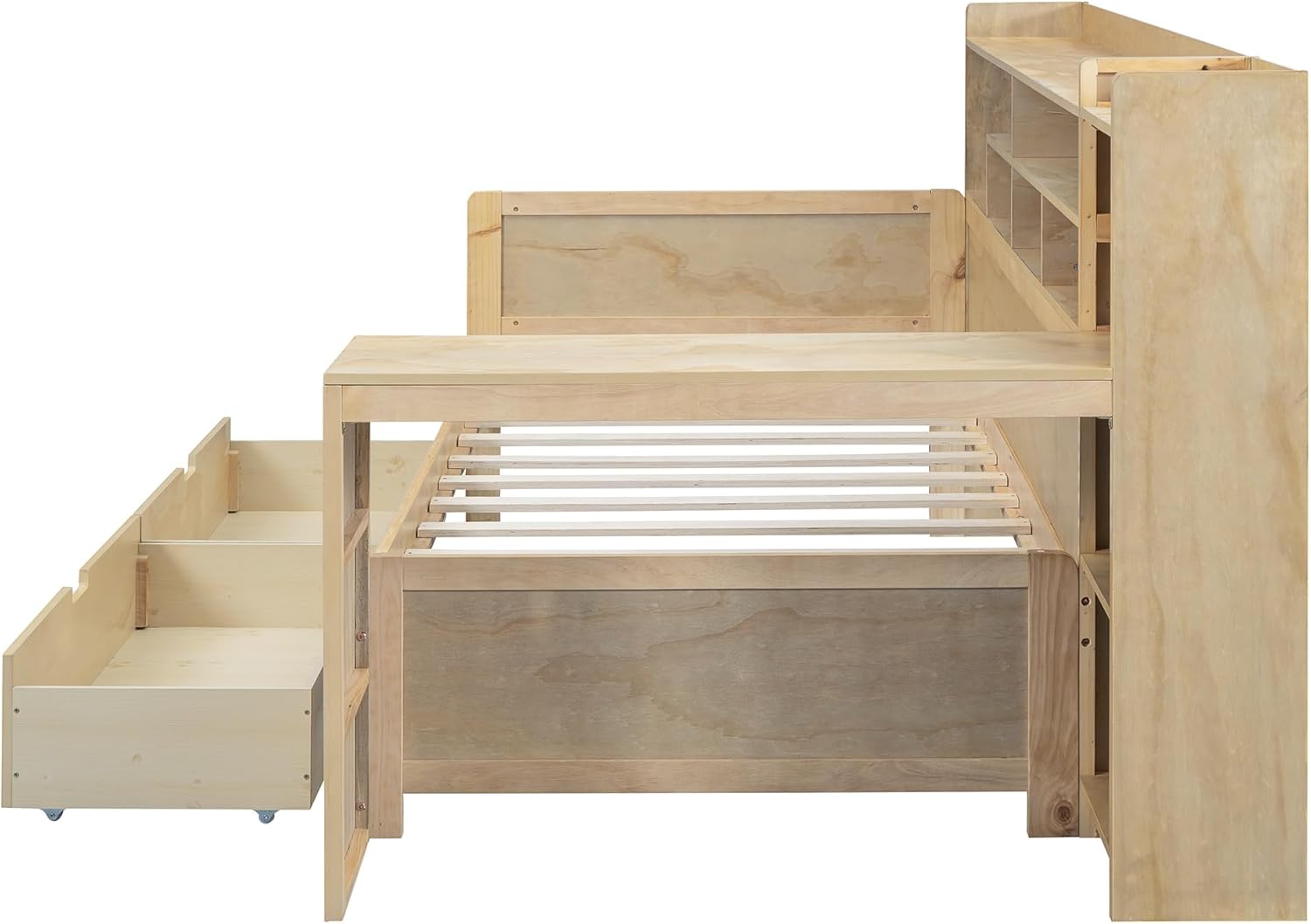 Twin Size Wooden Captain Bed Daybed with Storage Bookshelf, Study Desk and 2 Drawers, Multi-functional Storage Bed Frame for Bedroom Furniture, Space-Saving, Natural