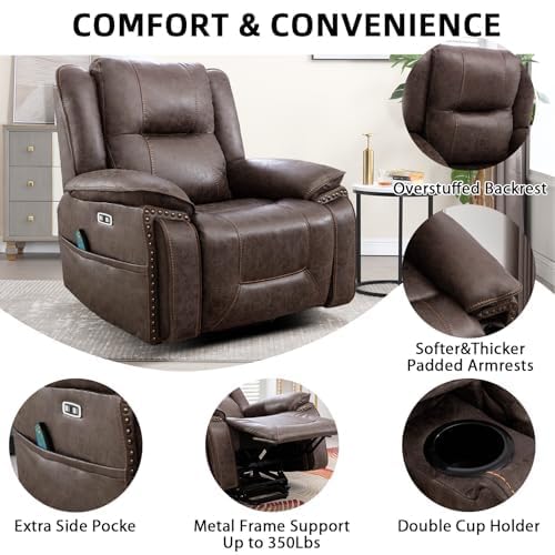 Phoenix Home Dual Motor Power Lift Chair for Elderly, Lift Chairs with Massage and Heat, Leather Electric Chairs for Adults, Recliner Chair with USB, 2 Concealed Cup Holders, Brown