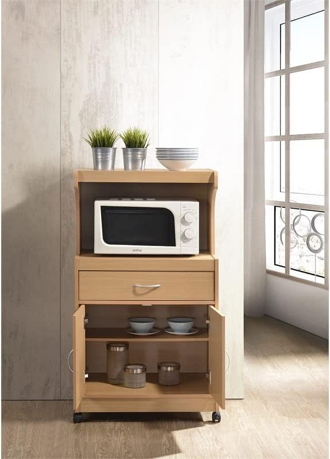 Microwave Kitchen Cart With Utenstil Drawer And Storage Cabinet In Beech