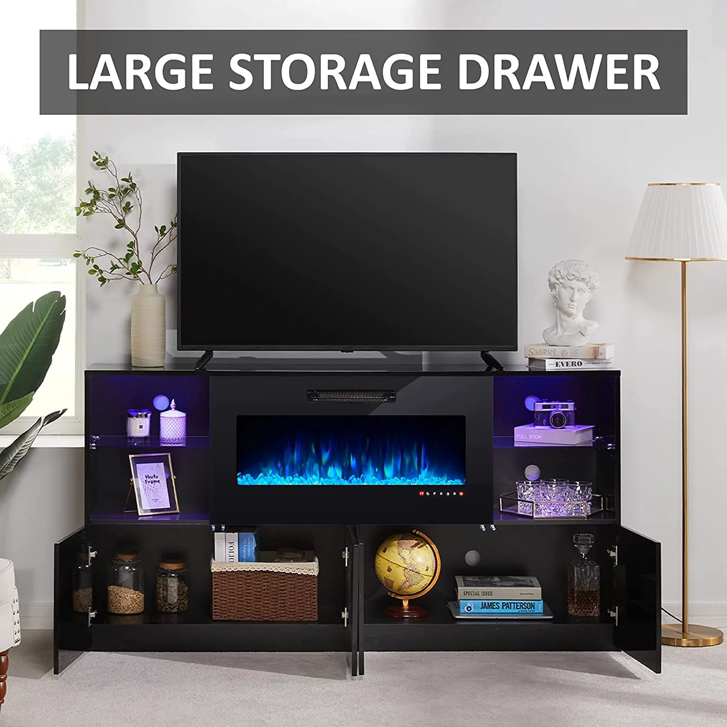 AMERLIFE Modern High Gloss 68" Fireplace TV Stand, Media Entertainment Center with Electric Fireplace & LED Lights for TVs up to 78", TV Console Storage Cabinet with Adjustable Glass Shelves, Black