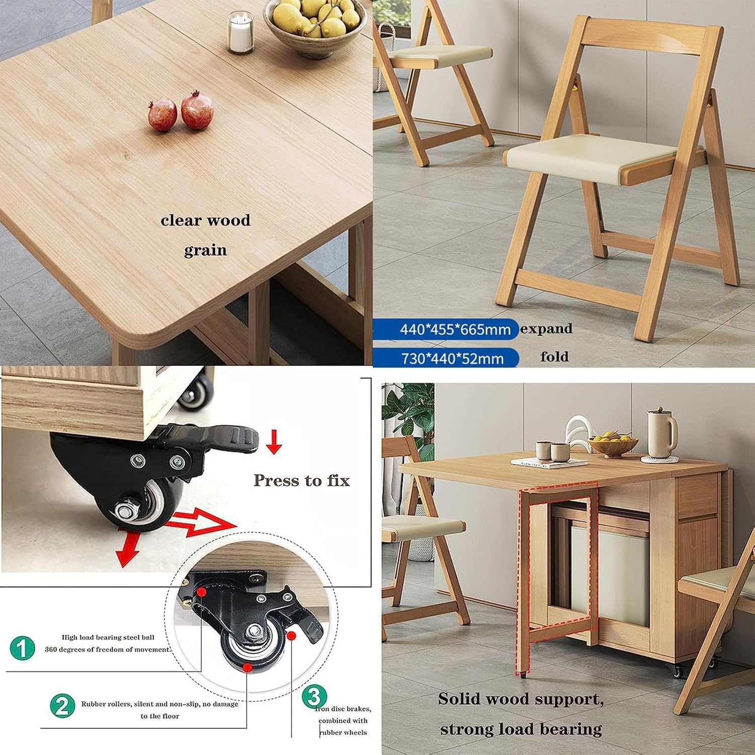 Folding Dining Table and Chairs, Solid Wood Drop Leaf Table Set, 1.4m Extendable Table with Chairs, Space Saving Foldable Table for Kitchen Living Room, Beige