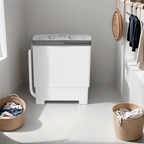Portable Twin Tub 32lbs Washing Machine with Drying Rack&10 Hangers, 20lbs Washer Mini Compact Laundry Machine and 12lbs Spinner, Semi-automatic Washer Combo for Dorms, Apartment (32lbs)
