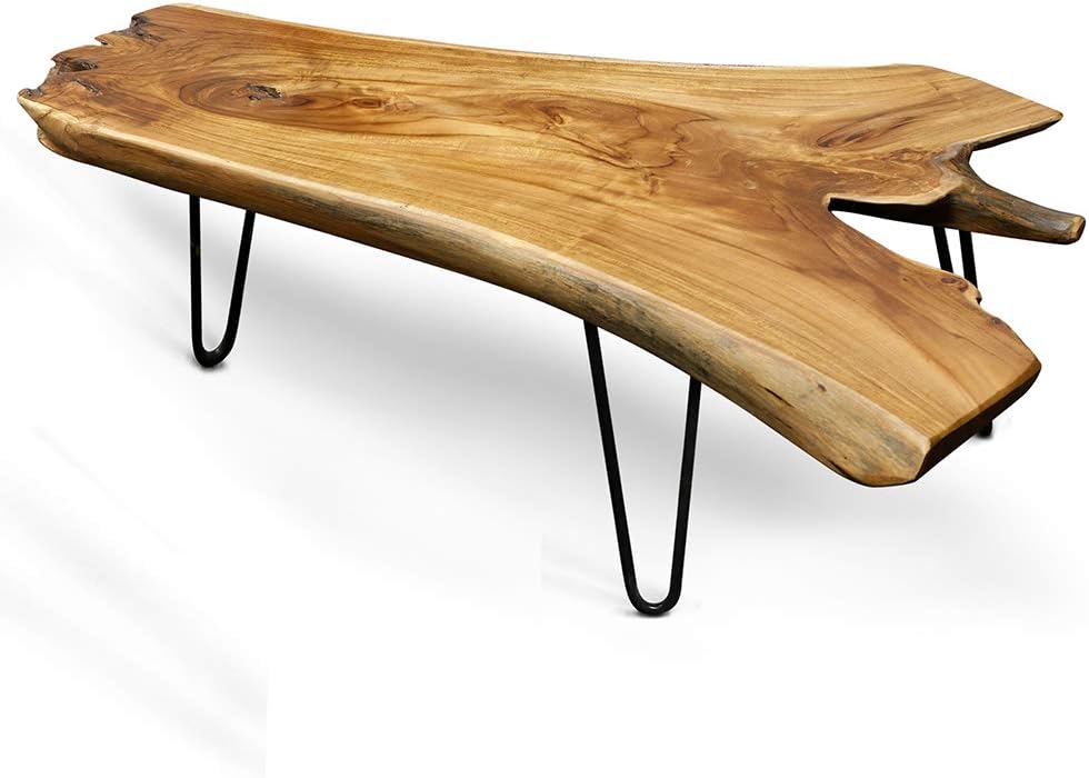 StyleCraft Badang Carving Natural Wood Edge Teak Contemporary Coffee Cocktail Table with Clear Lacquer Finish and Metal Hairpin Legs for Living Room