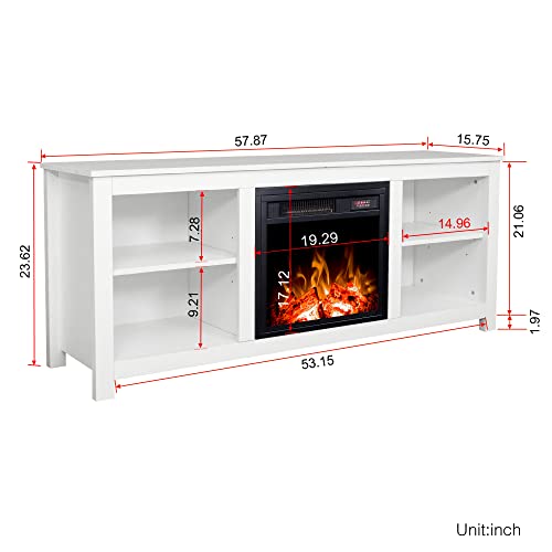Classic 4 Cubby Fireplace TV Stand, Electric Fireplace TV Stand for 65 Inch TV with 4 Open Storage Shelves, Modern TV Storage Cabinet Center Stand with Fireplace for Living Room (White)