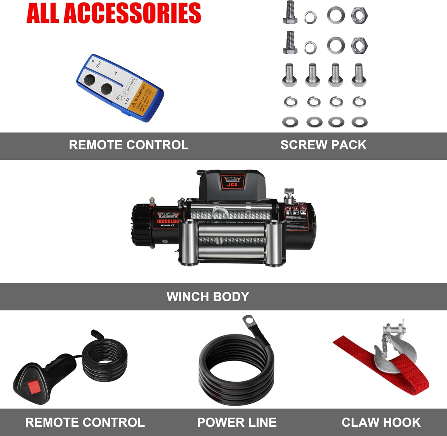 JCS 12000 lb. Electric Winch Load Capacity.12V Winch Cable Steel Wire Electric Winch with Hawse Fairlead,Waterproof IP67 Winch with Wireless Handheld Remotes and Wired Handle Winch Cover Waterproof