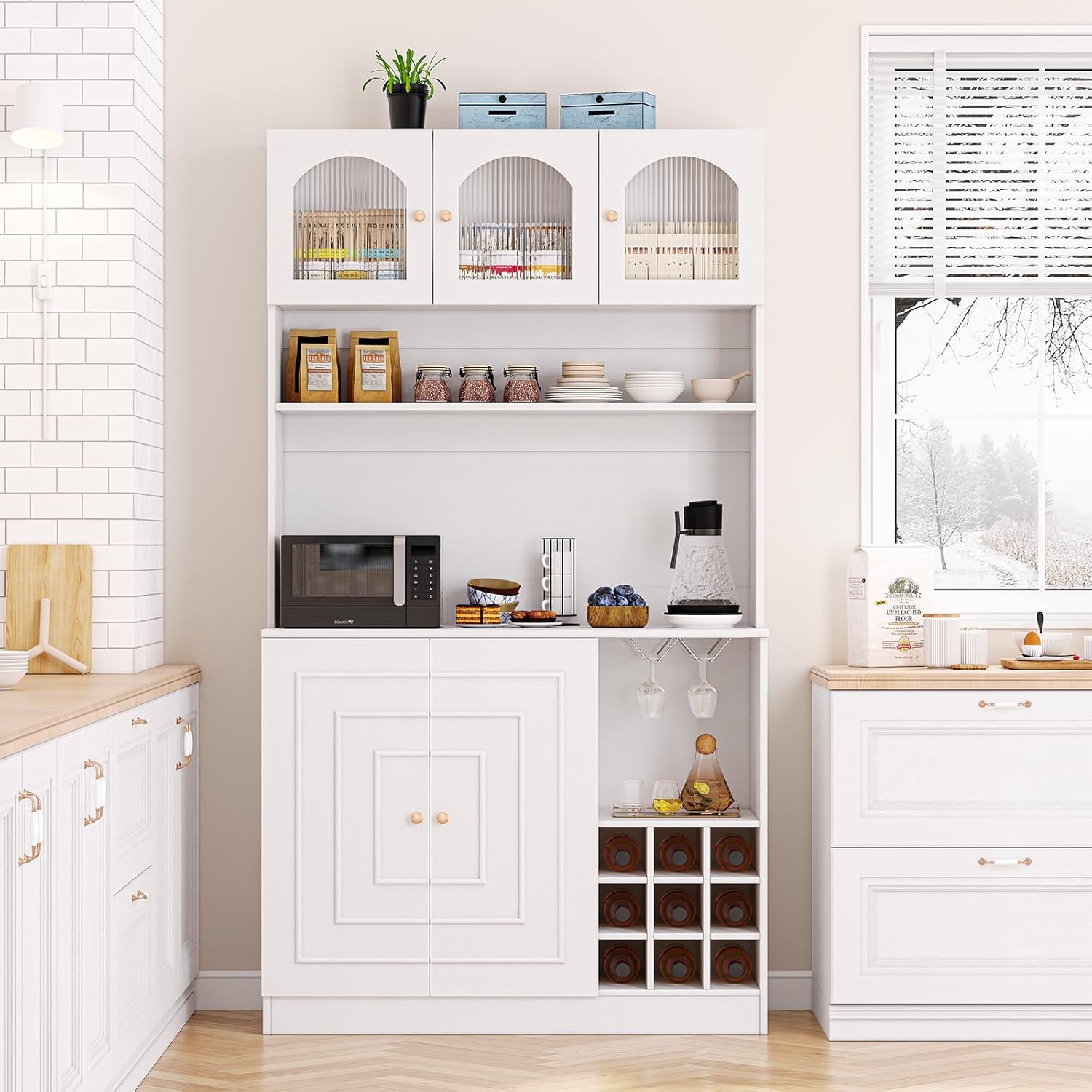 Kitchen Pantry Cabinet with Storage, 71" Tall Hutch Storage Cabinet for Dining Room, White Freestanding Food Pantry Cabinet with Microwave Stand & Power Outlet, Goblet Rack & Wine Rack.