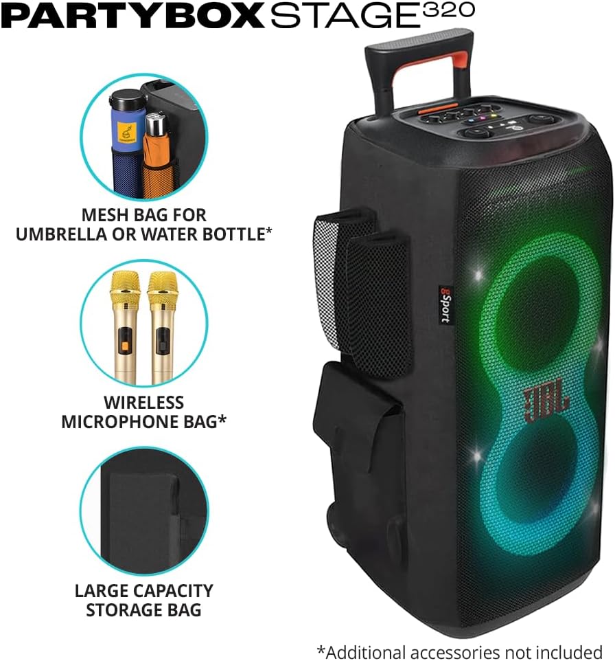 JBL PARTYBOX Stage 320 Portable Party Speaker Bundle with gSport Cargo Sleeve (Black)