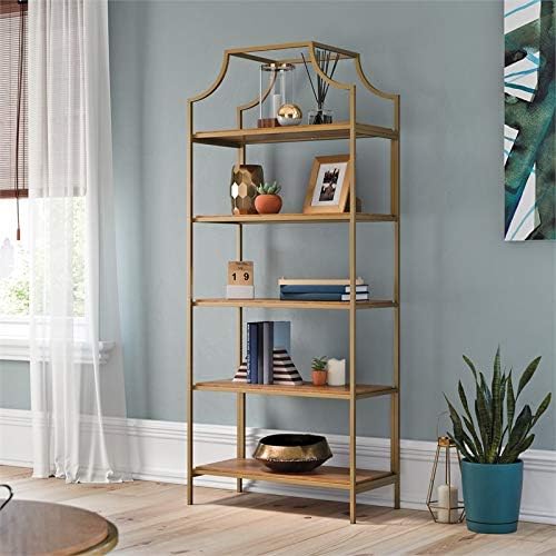 Sauder International Lux 5-Shelf Metal Frame Bookcase Gold Satin/Sindoori Mango