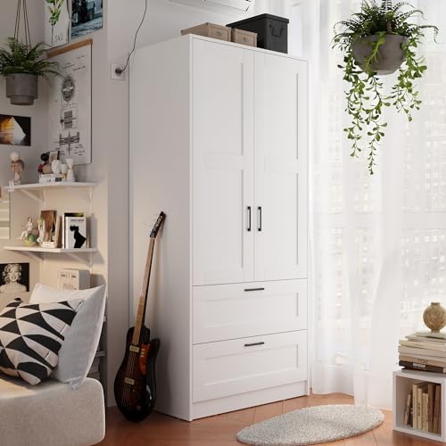 Wood Wardrobe Closet with 2 Doors and Drawers，Bedroom Freestanding Armoire Storage Cabinet with Shelves，Wooden Wardrobe Combination for Hanging Clothes Feng Hua Li Zhi (31.5”W X 18.9”D X 68.9”H)