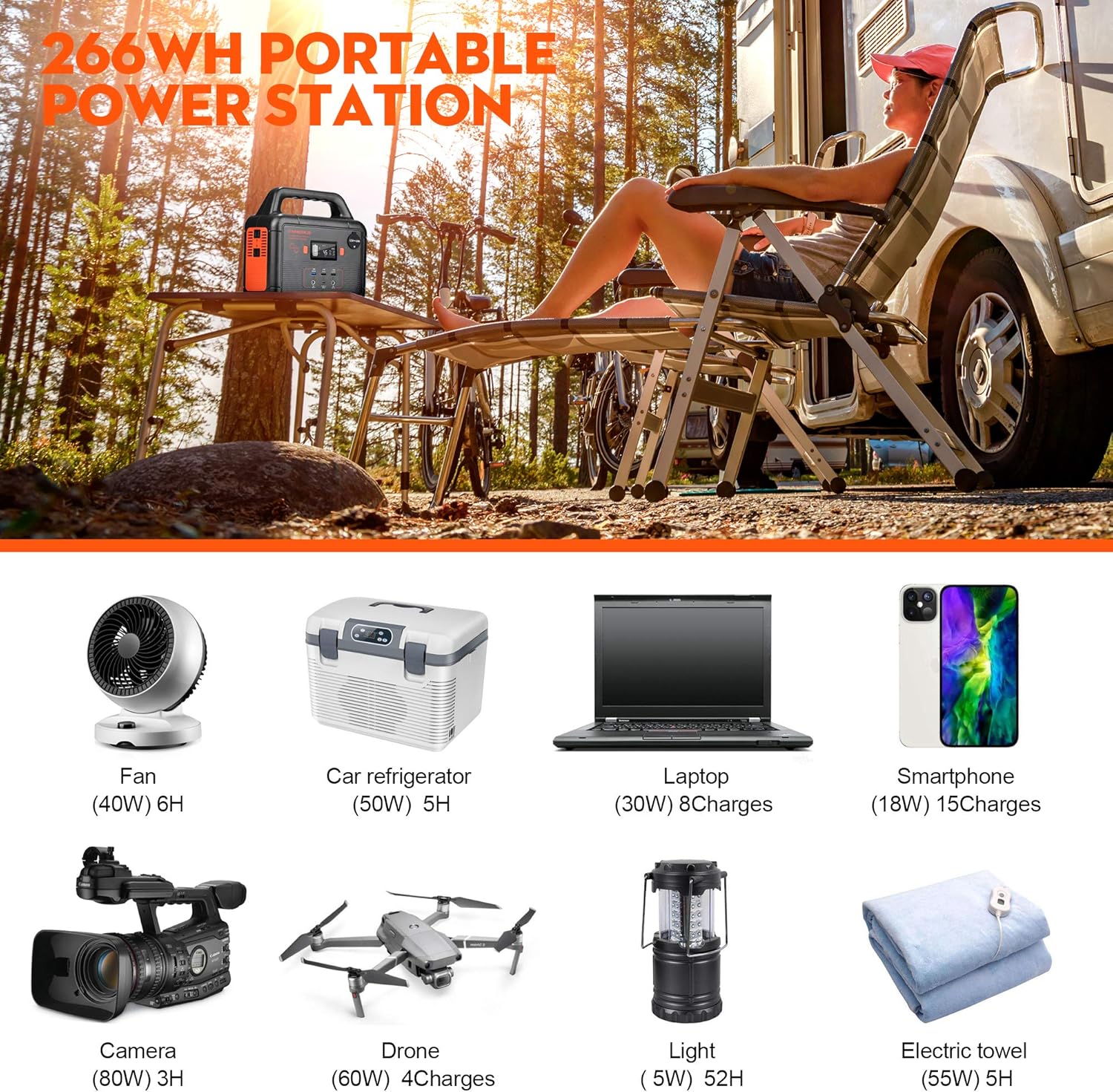 FNNEMGE 300W Portable Power Station (350W Peak), 266Wh Solar Outdoor Generator, 72000mAh 60W PD Power Bank with Dual 110V AC Outlets 12V/10A DC Out, Pure Sine Wave, Battery Power Supply for Camping